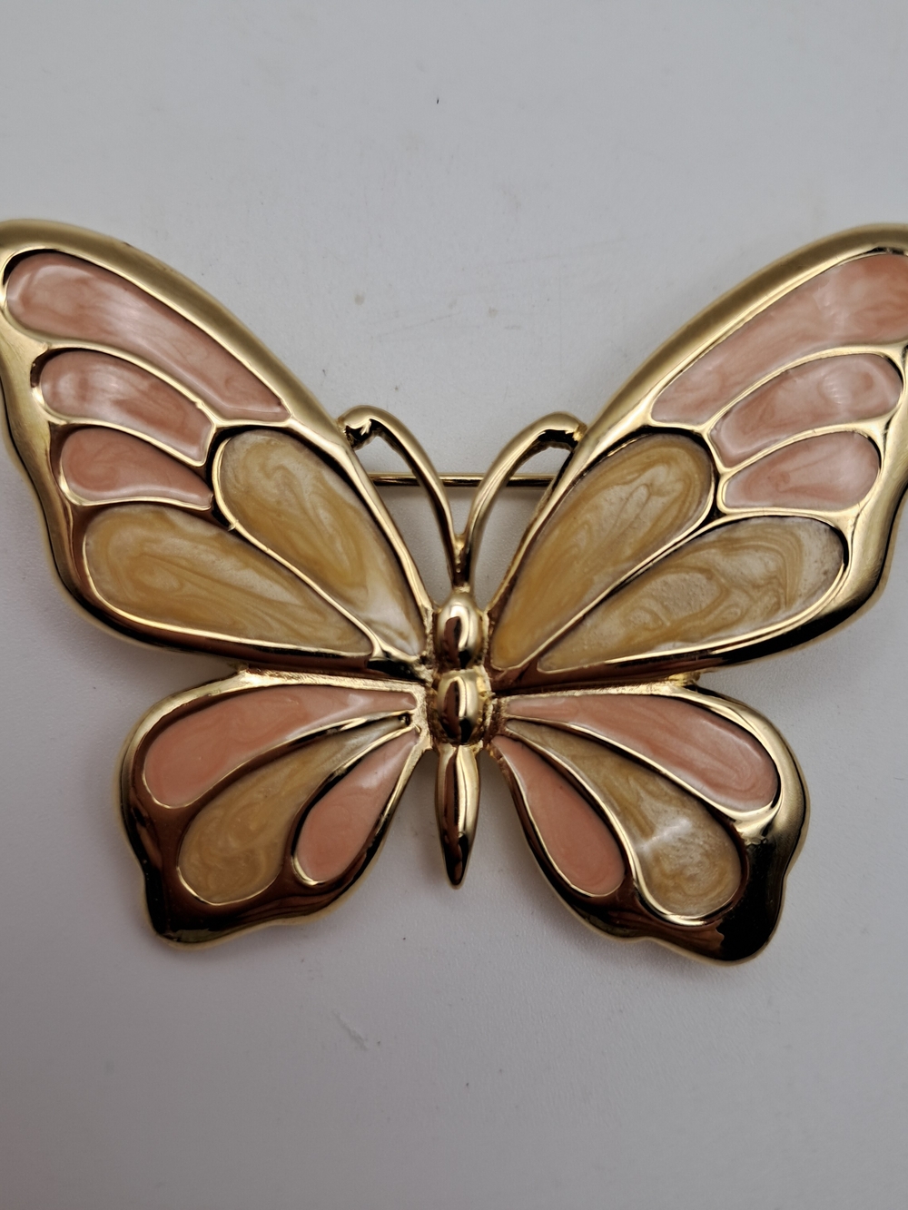 Trifari Gold Tone Butterfly Brooch with Pink and Cream Enamel